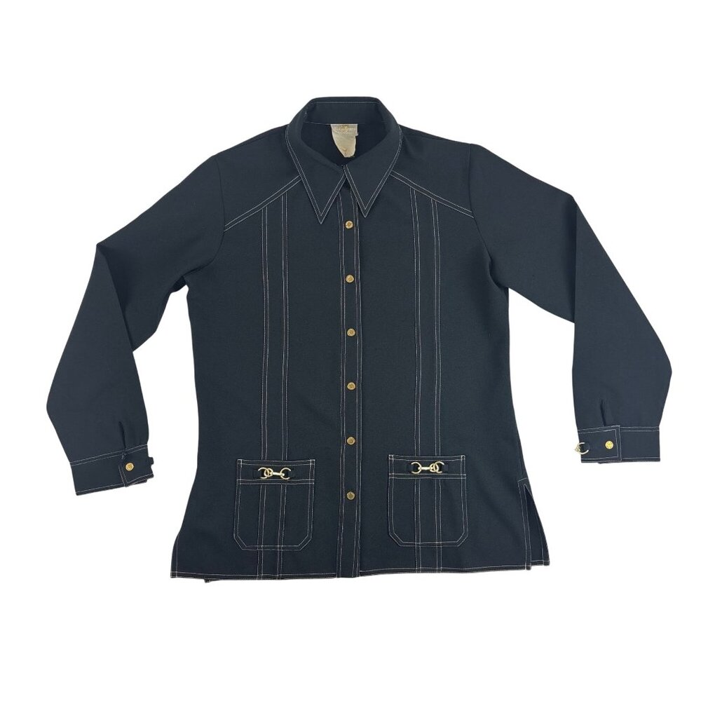 Vintage 70s Black Blouse Womens Large Gold Buttons & Buckles Button Down Shirt